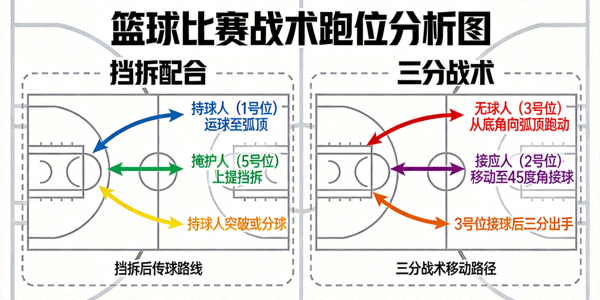 篮球比赛战术跑位分析图 - 展示挡拆配合与三分战术的球员移动路线