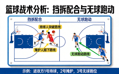 篮球战术板分析图 - 展示挡拆配合与无球跑动路线