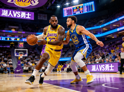 NBA湖人队与勇士队焦点对决直播画面 - 詹姆斯持球突破库里防守